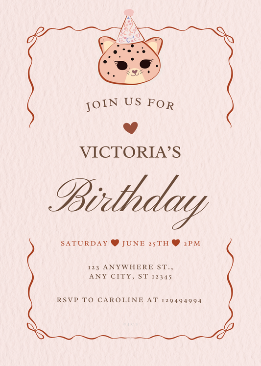A pink birthday invitation card with a cute cartoon jaguar face wearing a party hat at the top, surrounded by a decorative border. The text reads 'JOIN US FOR VICTORIA'S Birthday' with event details below in dark brown and red lettering.