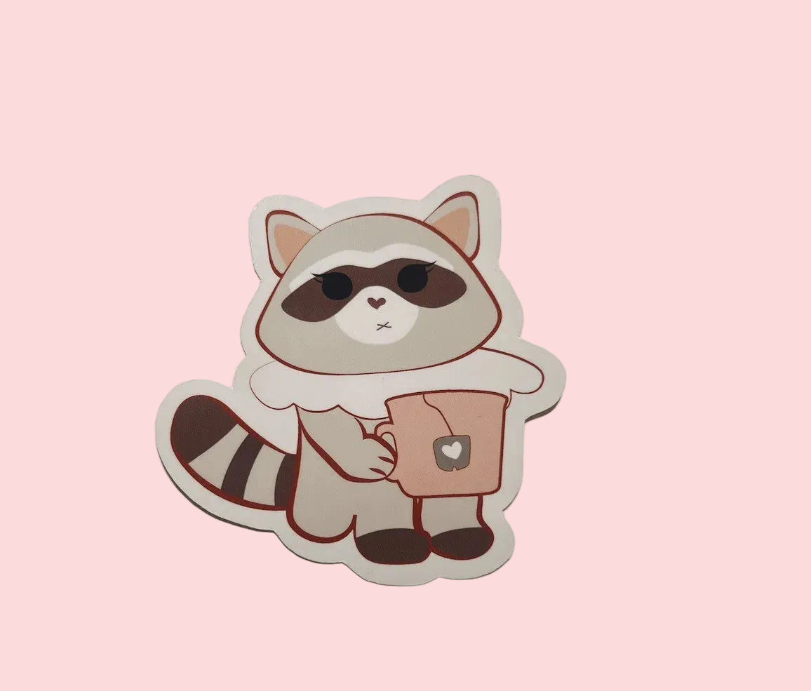 Cozy Tea Raccoon Sticker | Cute Kawaii buddy Vinyl Sticker for Self Care | waterproof, cute stickers, journal, planners, phone case
