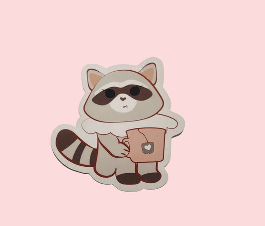 Cozy Tea Raccoon Sticker | Cute Kawaii buddy Vinyl Sticker for Self Care | waterproof, cute stickers, journal, planners, phone case