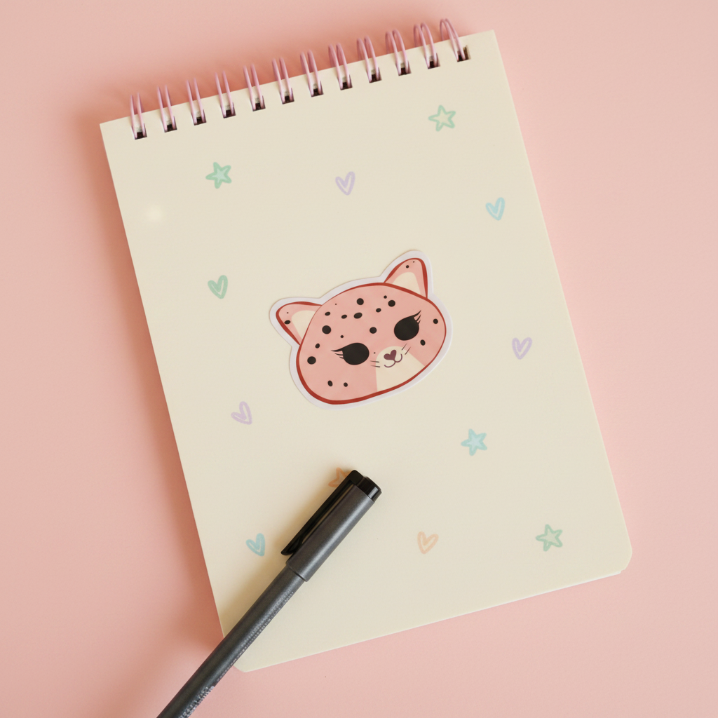 A cream-colored spiral-bound notebook with a cute pink spotted cat face illustration and pastel star and heart accents, shown on a pink background with a black pen resting on it.